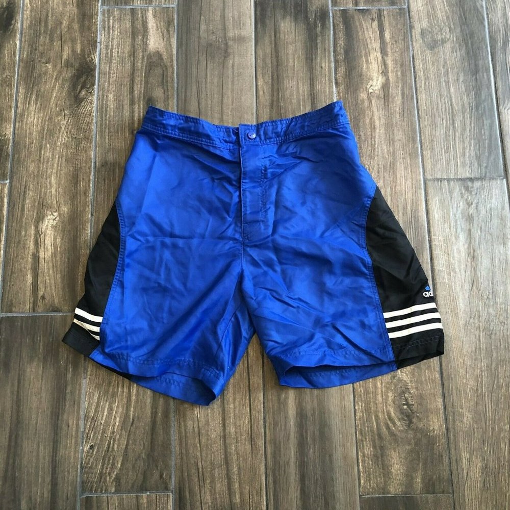 vintage adidas blue black logo shorts Swim Stripes Medium